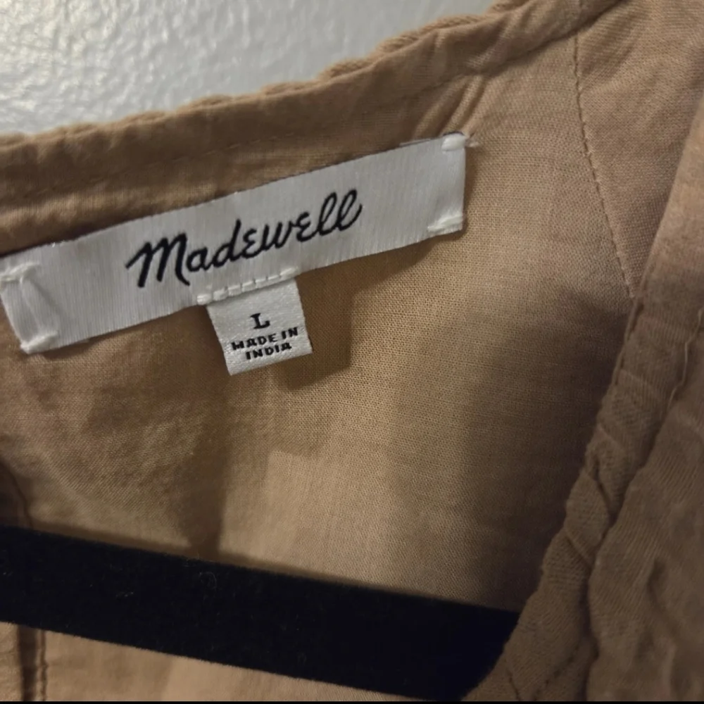 Madewell Women's Seersucker Puff-Sleeve Tan Lagenlook Preppy Mini Dress. Sz L - Picture 9 of 9